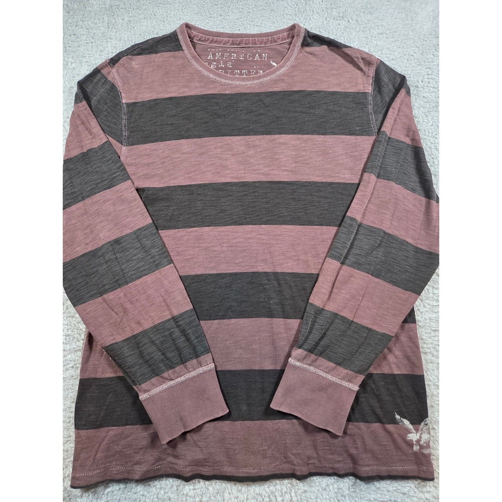 American Eagle Long Sleeve XL Burgundy Men Striped Athletic Slub Tee